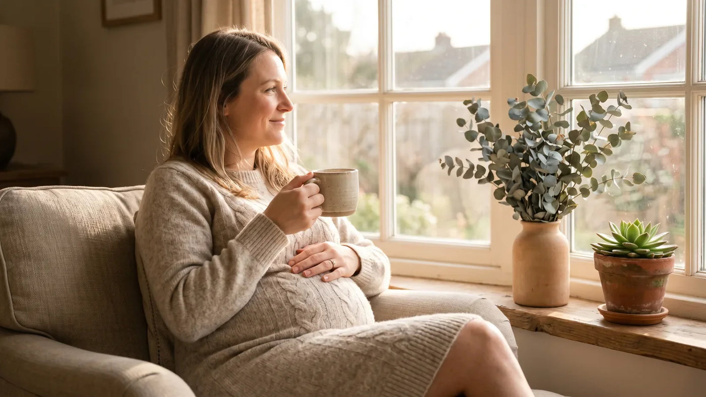 Pregnant woman in soft oatmeal knit dress holding warm ceramic mug near sunlit window, hand resting on belly, calm expression