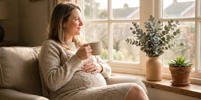Pregnant woman in soft oatmeal knit dress holding matte ceramic mug of ginger tea by sunlit window with hand on belly