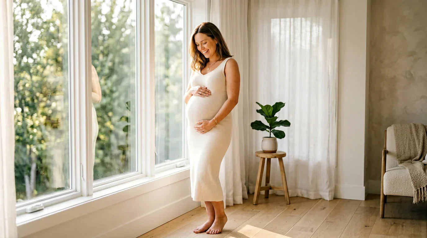 Pregnant woman in sunlight holding baby bump — vitamin D during pregnancy