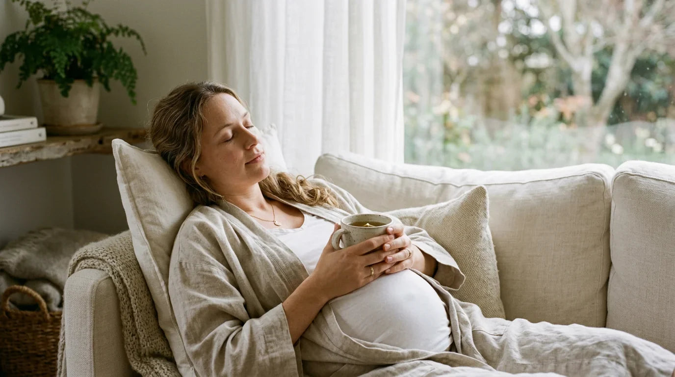 Pregnant woman resting on linen couch holding ginger tea — managing prenatal vitamin side effects naturally
