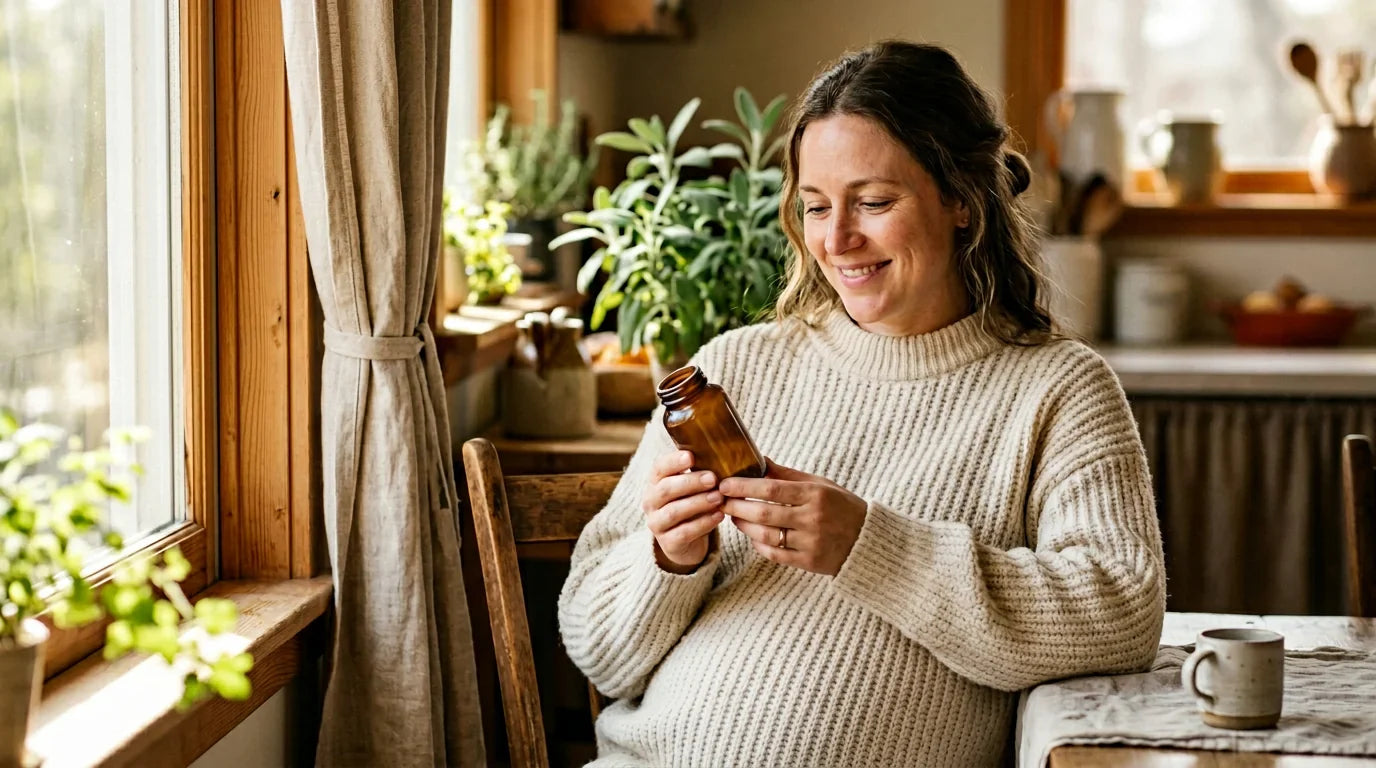 Pregnant woman in cream sweater holding prenatal vitamin bottle near kitchen window — complete prenatal vitamins guide