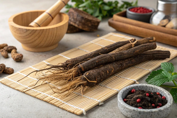 Fresh Rehmannia glutinosa roots (thick, brownish-black appearance) arranged aesthetically with traditional Chinese medicine