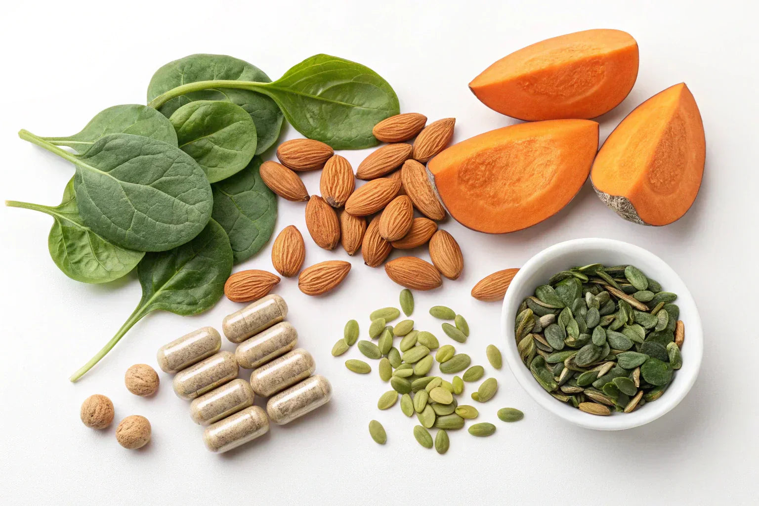 Professional product photography showing magnesium glycinate capsules alongside magnesium-rich foods like leafy greens, nuts, and seeds on a clean white background