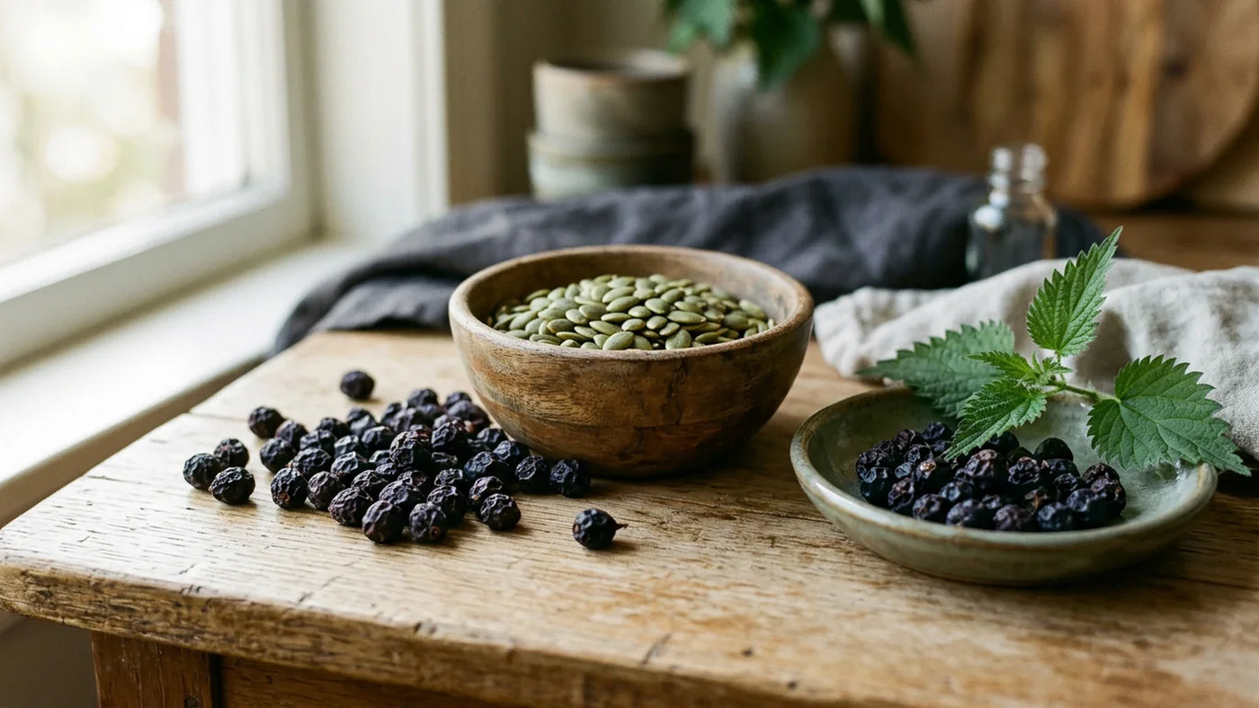 Baies de palmier nain et graines de courge sur une surface en bois — guide complet pour le soutien de la prostate
