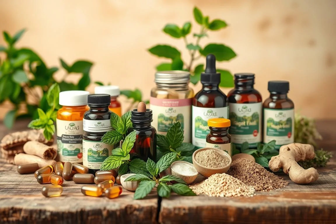 Herbal tincture bottles, capsules, ginger, and mint — 14-day parasite cleanse protocol supplies
