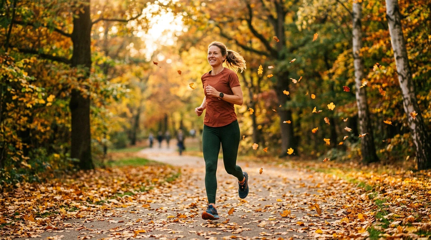 Active woman in her 40s running in an autumn park — quercetin benefits for energy and immunity