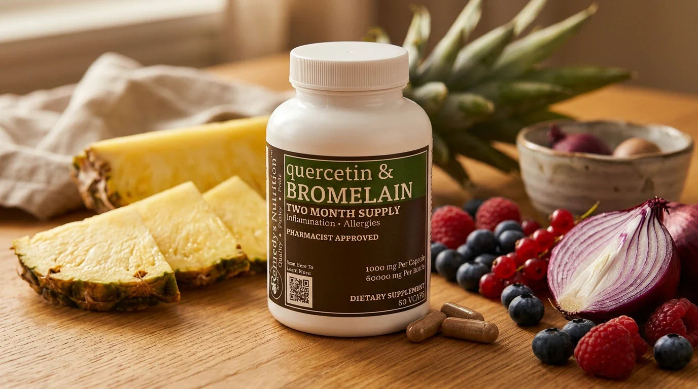 Quercetin and Bromelain supplement bottle by Remedy Nutrition — hero image