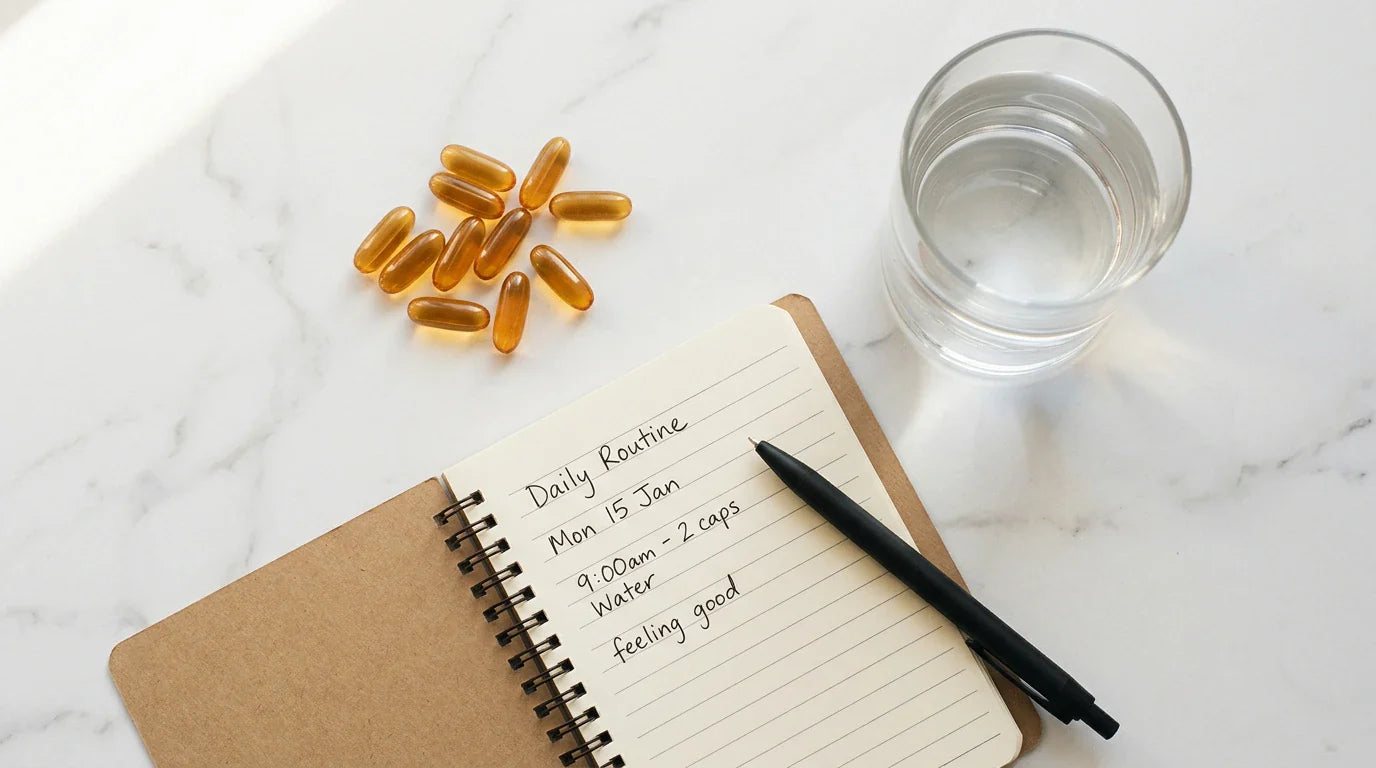 Supplement capsules arranged with a small notebook — quercetin dosage guide