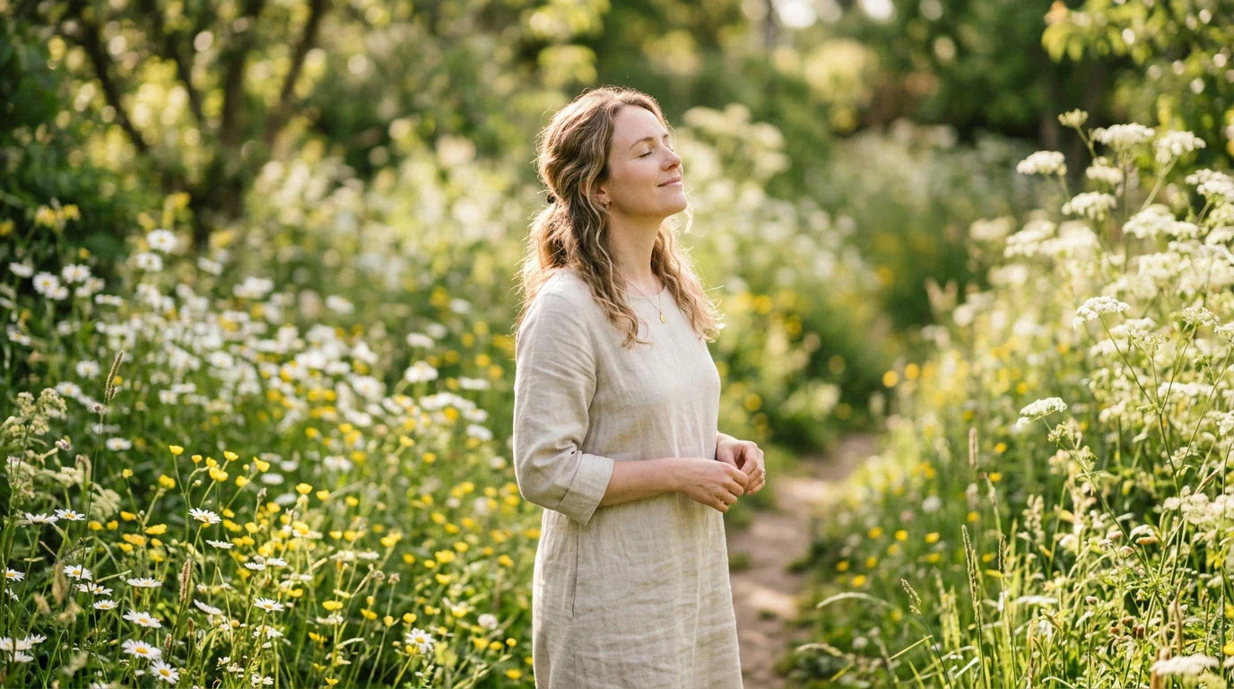Femme dans un jardin printanier respirant profondément — la quercétine pour soulager les allergies