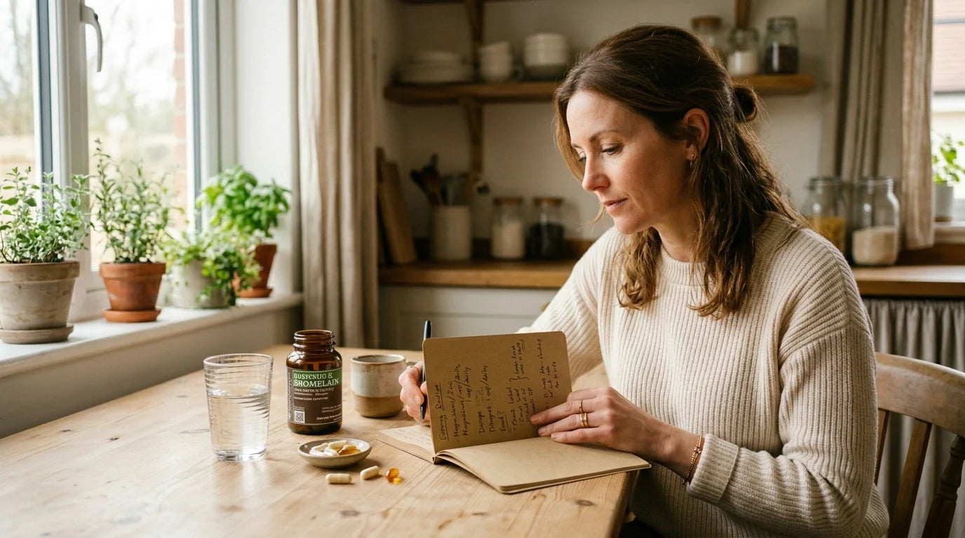 Une femme consulte des informations sur les compléments alimentaires à la table de sa cuisine — utilisation informée de la quercétine
