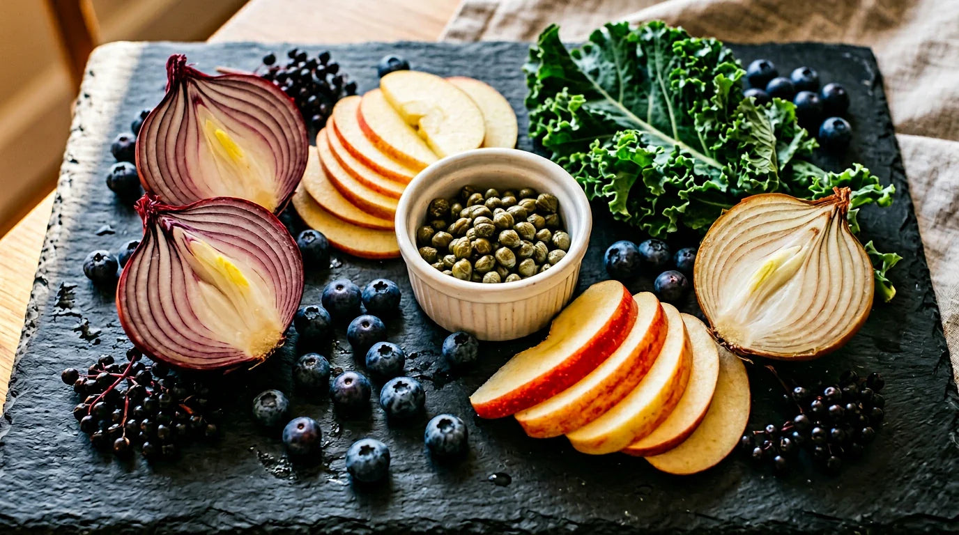 Quercetin-rich foods — onions, apples, blueberries and capers on dark slate surface
