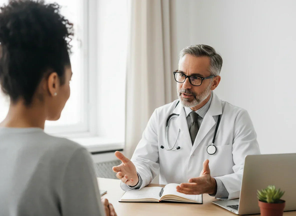 Attentive male doctor in a lab coat explains the importance of reading adrenal supplement labels to a female patient during a medical consultation in a modern clinic.
