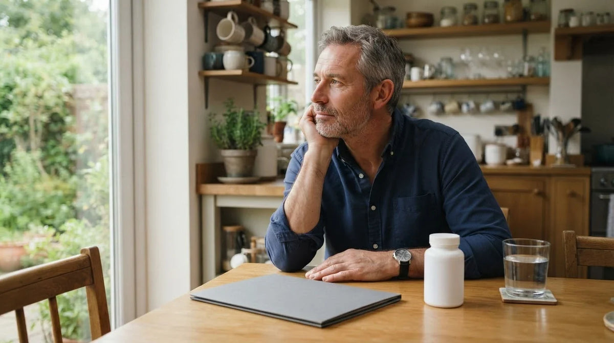 A man at his kitchen table with a closed folder and a plain supplement bottle, thinking