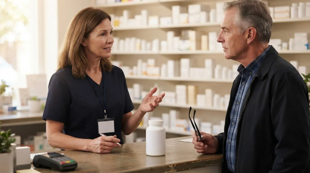 A pharmacist explaining something to an older man about a plain supplement bottle