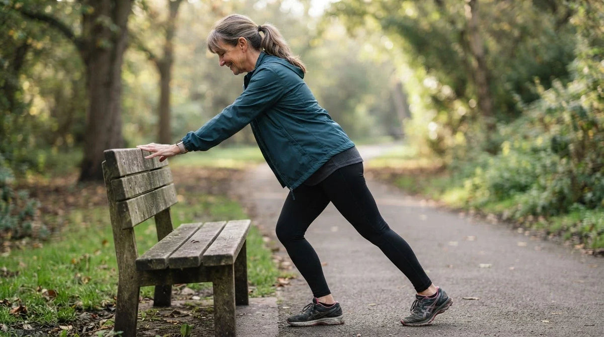 A woman doing a gentle calf stretch against a park bench after a walk