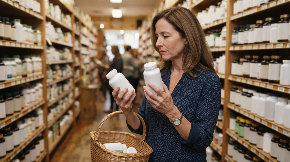 A woman in a shop aisle comparing the backs of two plain supplement bottles