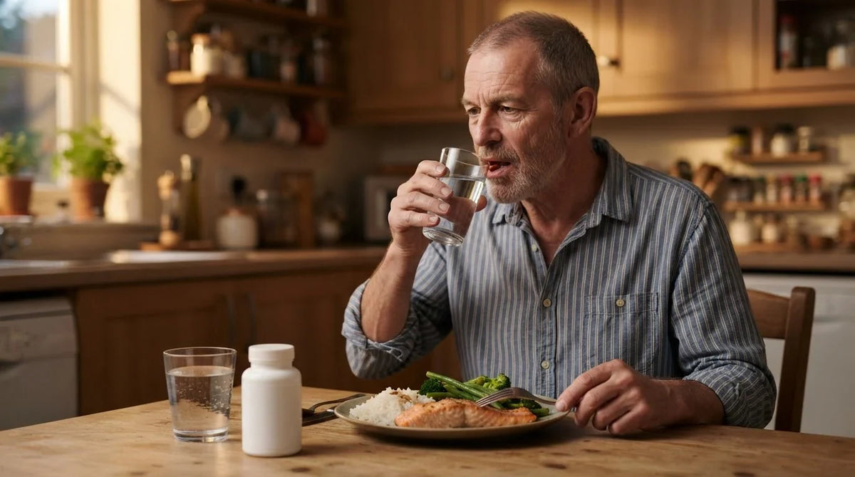 A man taking a capsule with water alongside his evening meal