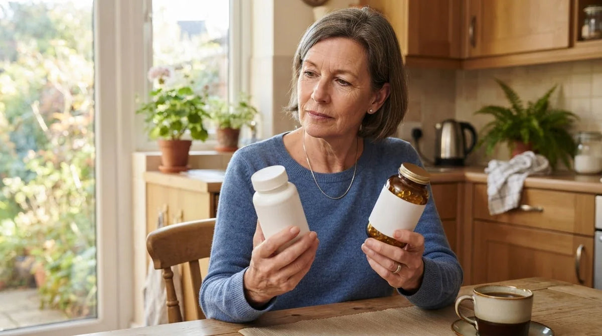A woman comparing a plain capsule bottle with a plain amber softgel bottle at her kitchen table