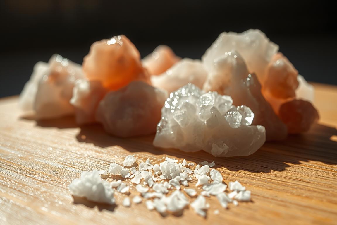 Vibrant Himalayan pink salt chunks and white sea salt flakes arranged on a warm wooden surface, highlighting the best salt for adrenal fatigue.