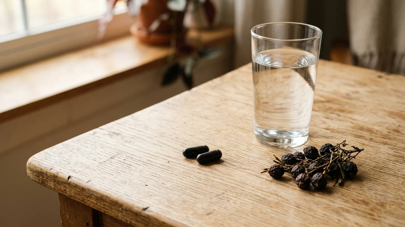 Deux capsules soigneusement disposées à côté d'un verre d'eau et de baies de palmier nain sur une table en bois