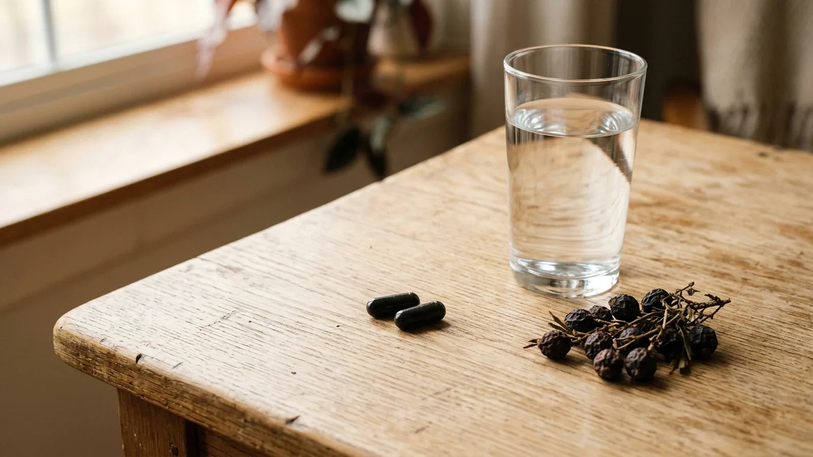 Two capsules placed neatly beside a glass of water and saw palmetto berries on a wooden table