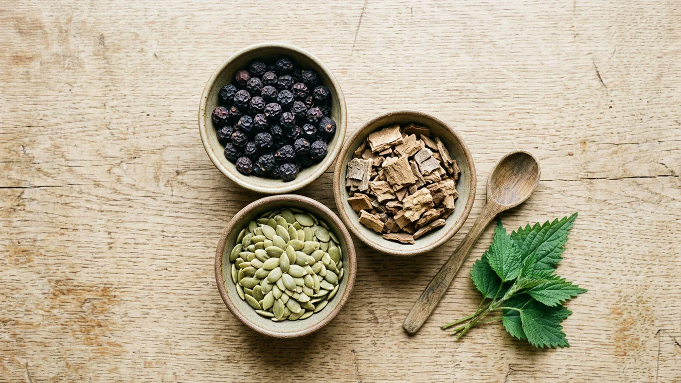 Trois petits bols contenant différentes herbes pour la prostate, posés sur une surface en bois — comparaison des herbes