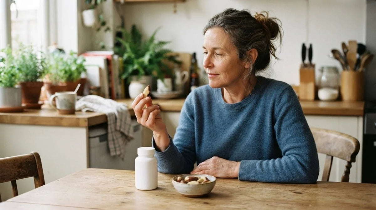 A woman at her kitchen table holding a Brazil nut beside a plain supplement bottle