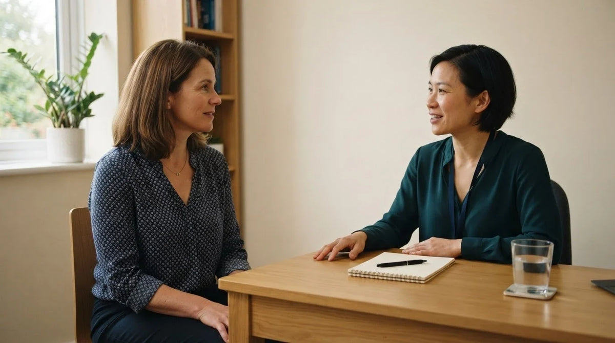 A woman talking with a clinician across a plain desk in a consulting room