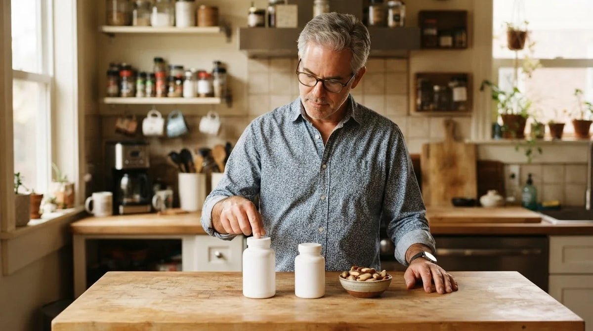A man counting a multivitamin, a selenium bottle and a bowl of Brazil nuts on his counter