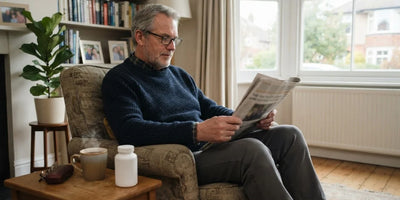 A man in his sixties reading a newspaper in an armchair with tea and a plain supplement bottle