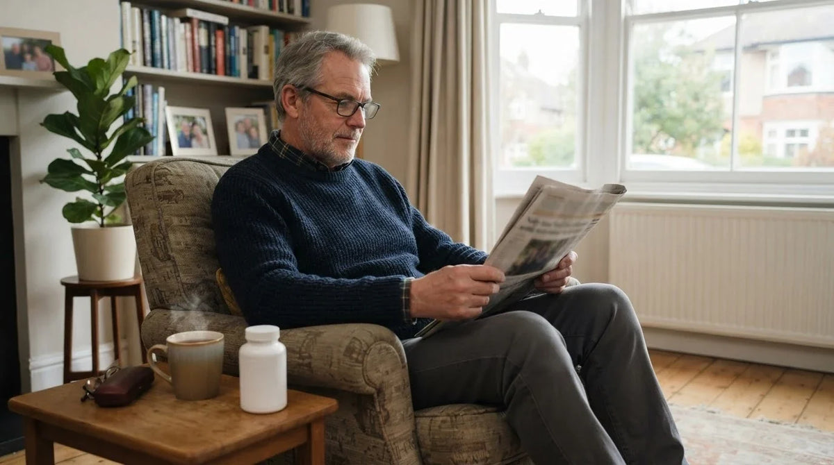 A man in his sixties reading a newspaper in an armchair with tea and a plain supplement bottle