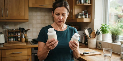 A woman holding a multivitamin and a selenium bottle, checking one before the other