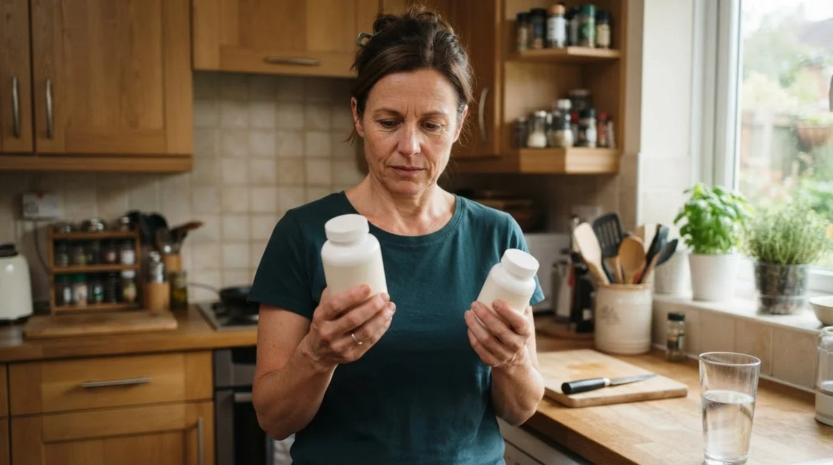 A woman holding a multivitamin and a selenium bottle, checking one before the other