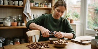 A woman cracking Brazil nuts with a nutcracker at her kitchen table