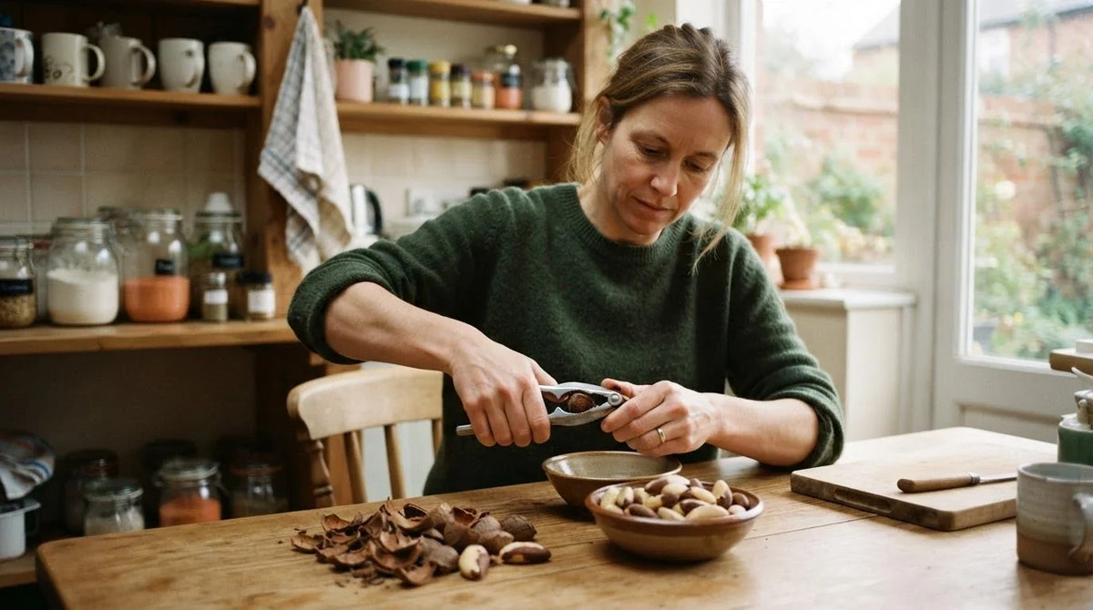 A woman cracking Brazil nuts with a nutcracker at her kitchen table