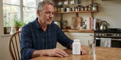 A man at his kitchen table looking thoughtfully at a plain supplement bottle