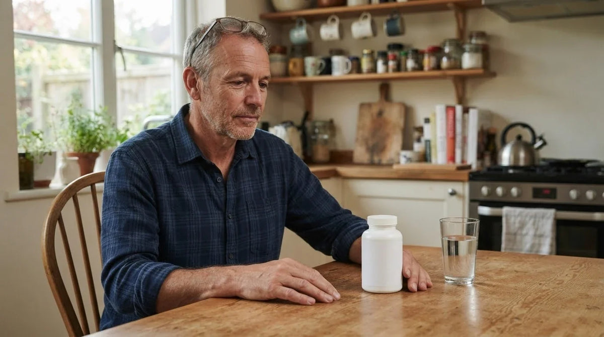 A man at his kitchen table looking thoughtfully at a plain supplement bottle