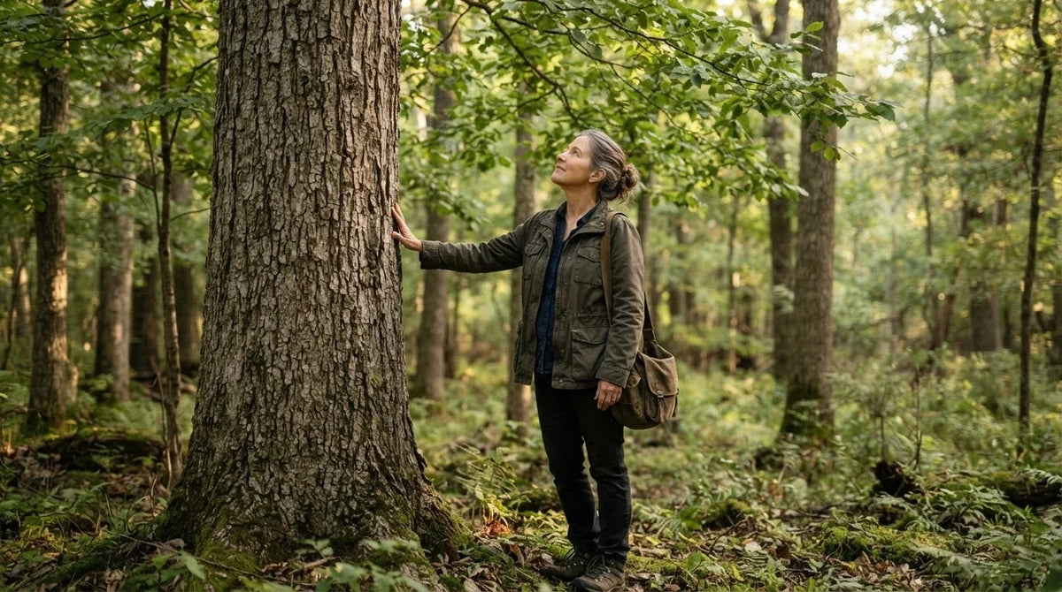 A woman with her hand on the trunk of a tall slippery elm tree in a hardwood forest