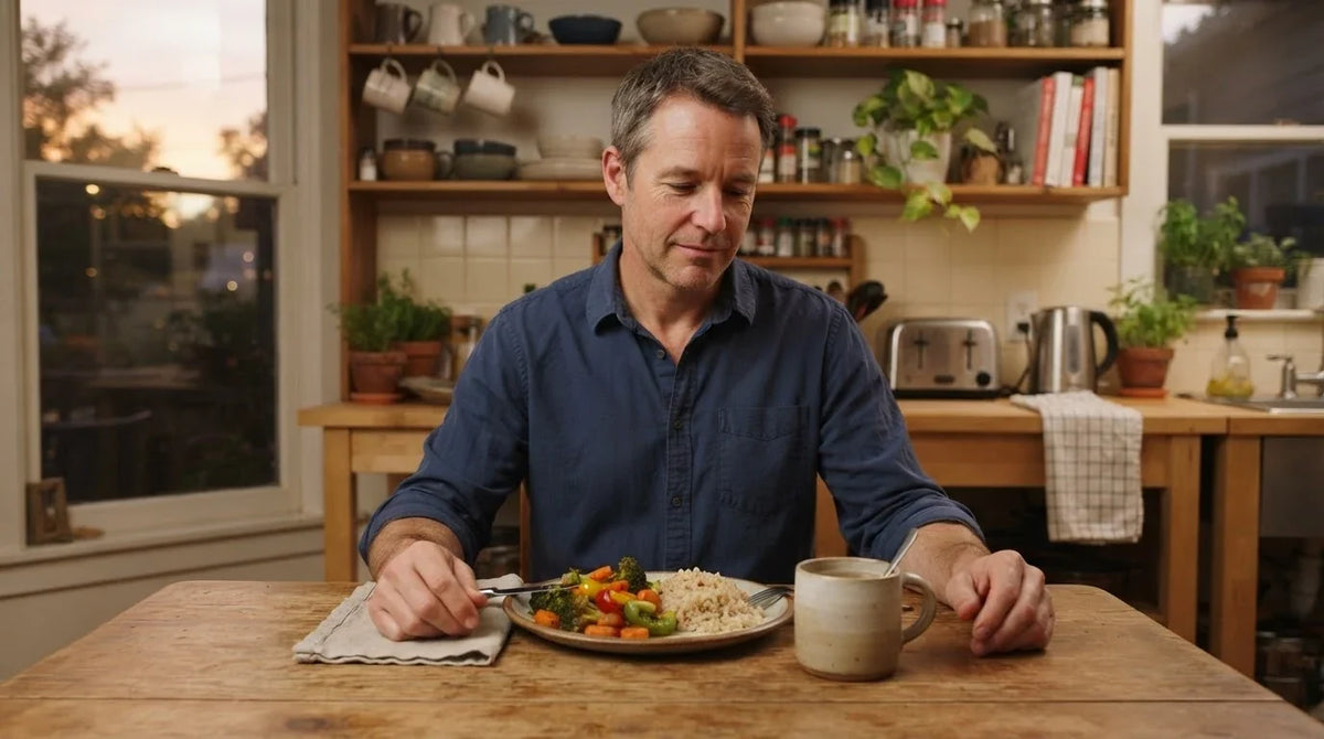 A man finishing a light dinner at his kitchen table with a mug of slippery elm tea