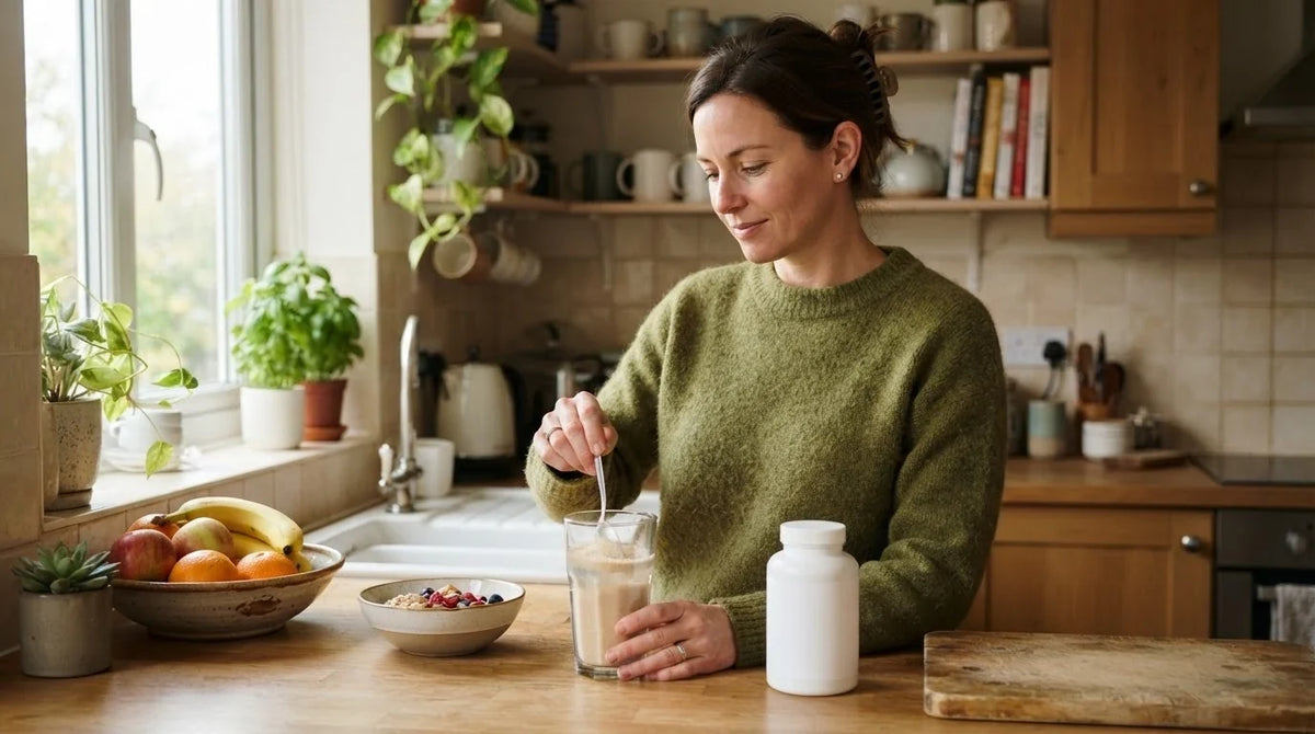 A woman stirring slippery elm powder into a glass of warm water at her kitchen counter