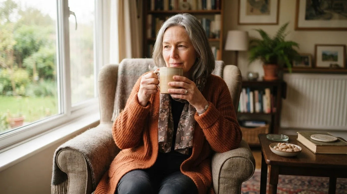 A woman in a cardigan and scarf holding a mug of slippery elm tea by a bright window
