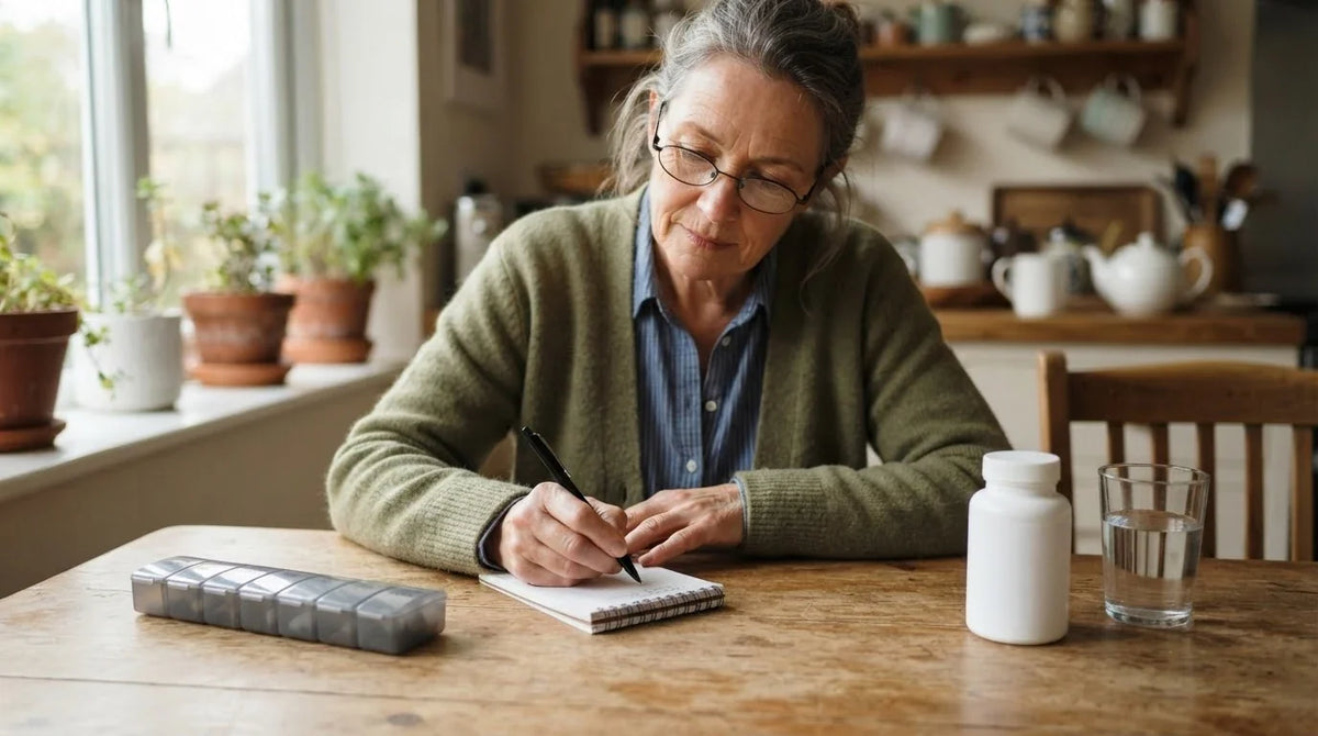 A woman planning her doses with a pill organiser and a supplement bottle set apart on her table