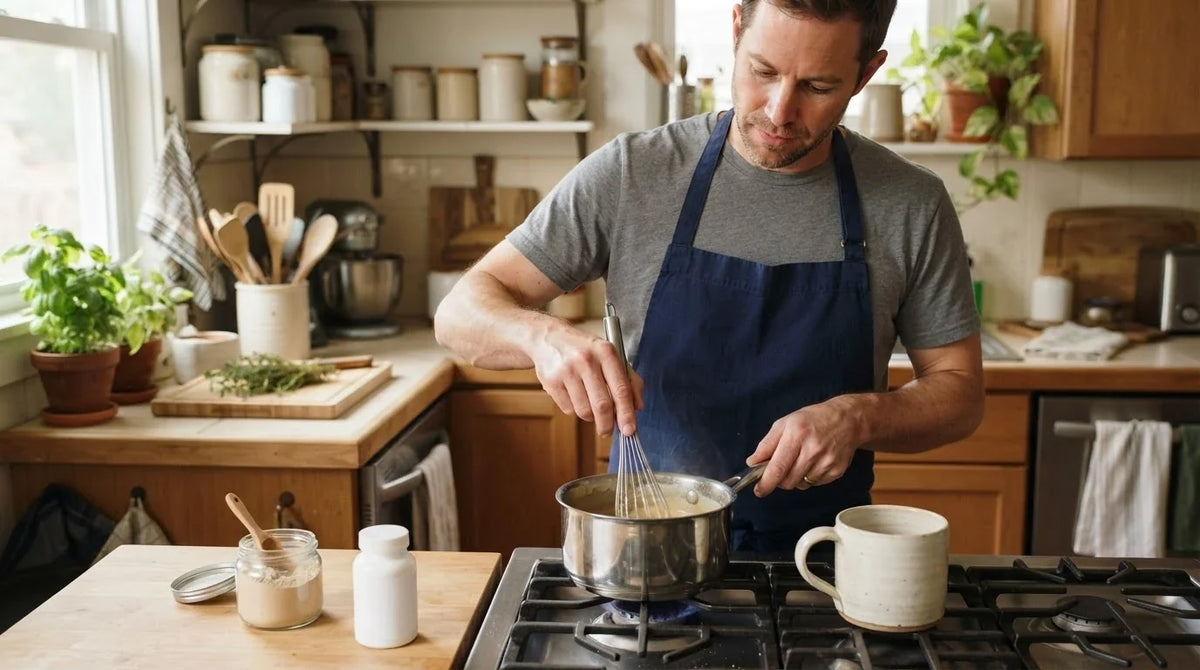A man whisking slippery elm powder into warm water in a saucepan at his stove