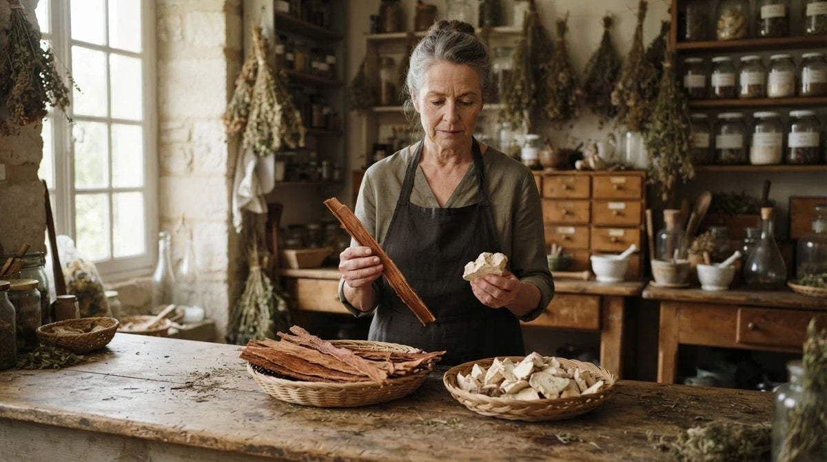 A herbalist comparing slippery elm bark and marshmallow root pieces at a wooden worktable