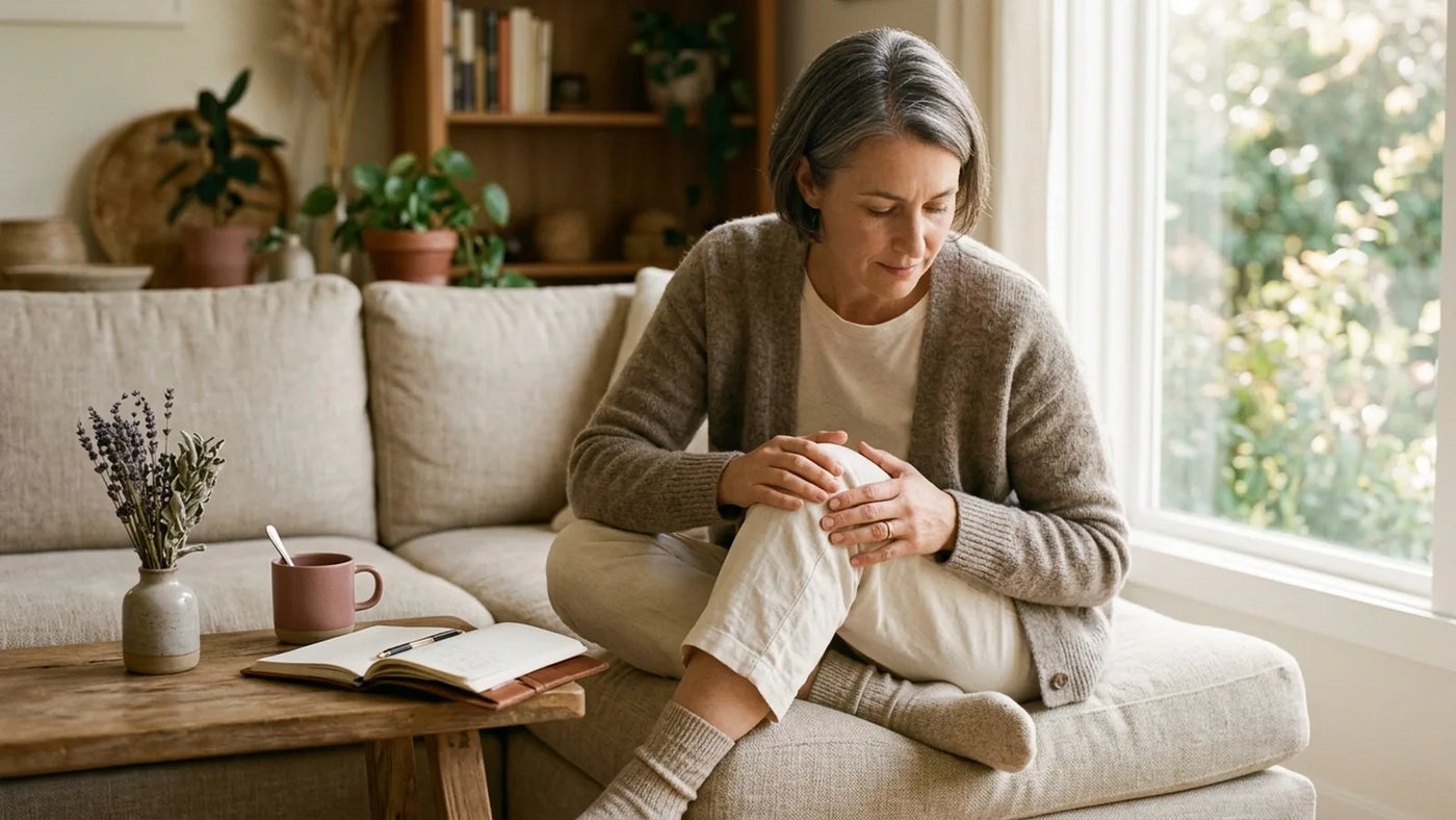 Woman age 48 in soft taupe wool cardigan rubbing her right knee while seated by sunlit window, ceramic mug of tea nearby — listening to body inflammation signal