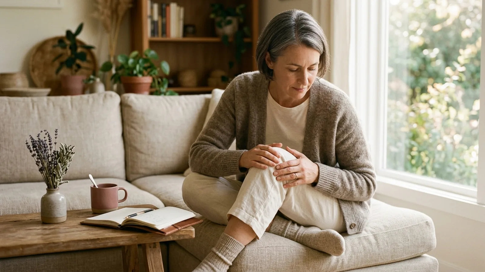 Woman age 48 in soft taupe wool cardigan rubbing her right knee while seated by sunlit window, ceramic mug of tea nearby — listening to body inflammation signal