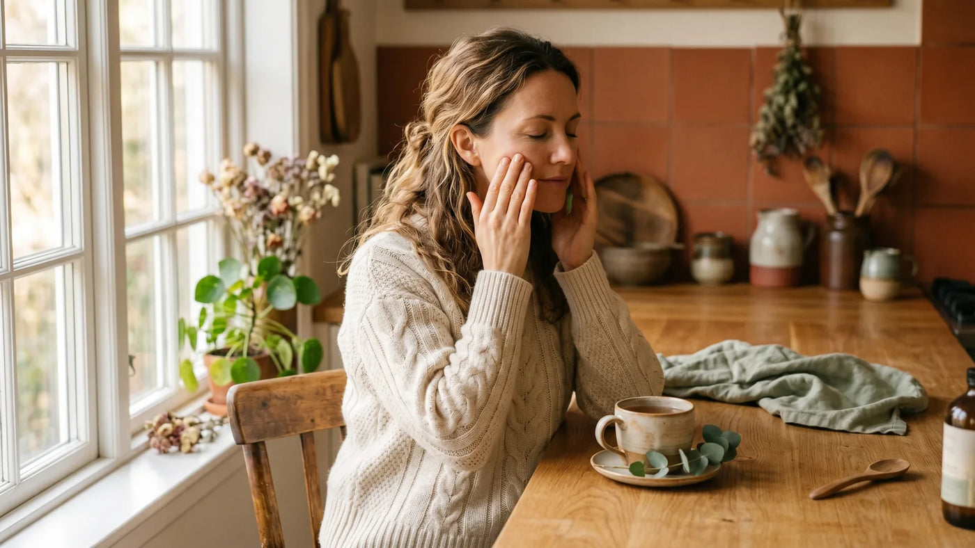 Woman in cream sweater pressing fingers gently below cheekbones near a sunlit kitchen window with steaming mug of herbal tea — natural sinus pressure relief moment