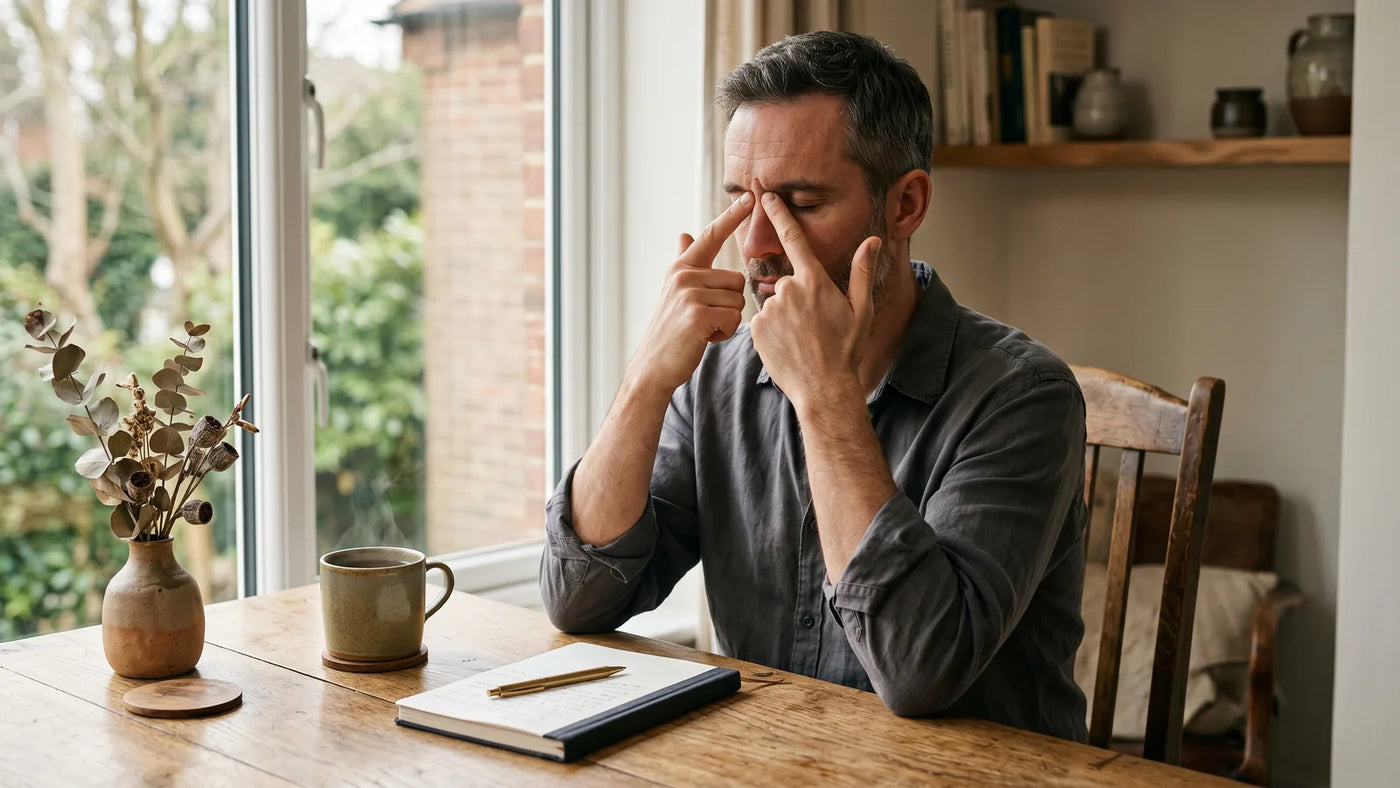 Man in his forties pressing fingers gently to the bridge of his nose at warm wooden desk, soft window light from side