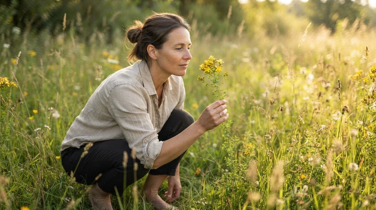 A woman in a summer meadow studying a flowering stem of St. John's Wort