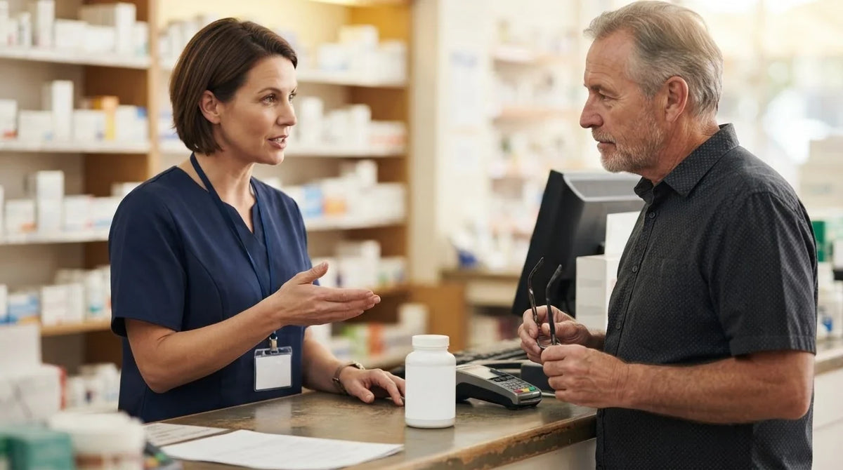 A pharmacist explaining something to an older man with a plain supplement bottle on the counter